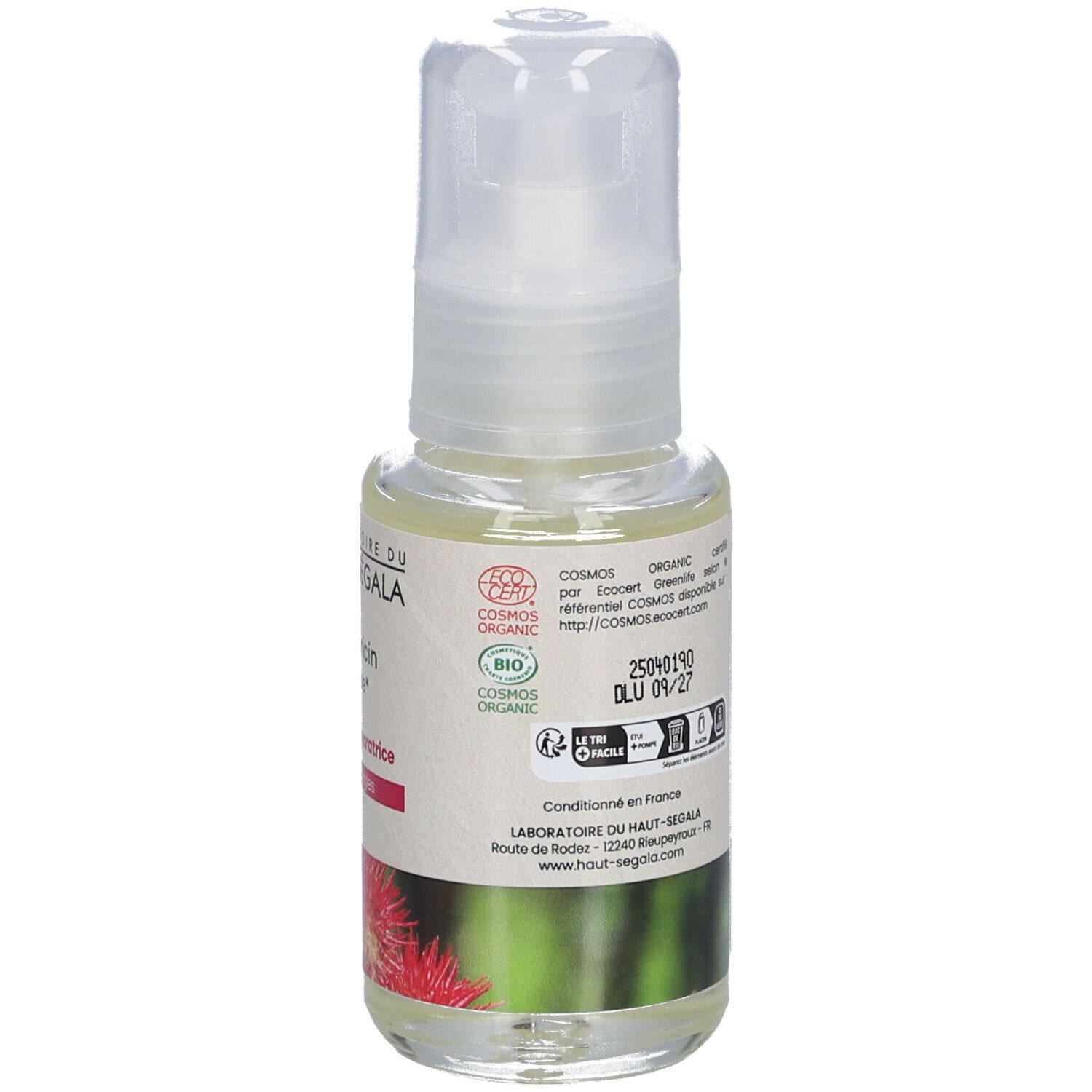 Flasche mit Öl und Sprühkopf. Aufschrift: Huile de ricin biologique, Fortifiante et réparatrice, 50 ml. Text auf Etikett.