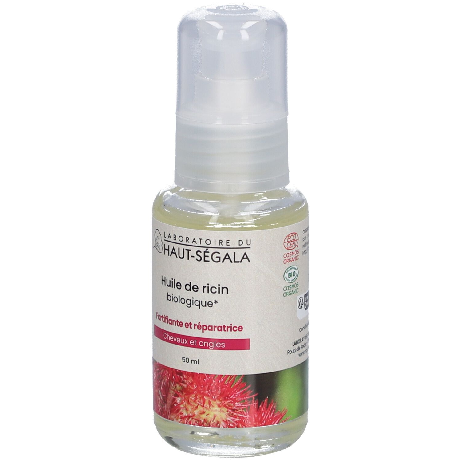 Flasche mit Öl und Sprühkopf. Aufschrift: Huile de ricin biologique, Fortifiante et réparatrice, 50 ml. Bio-Zertifizierung.