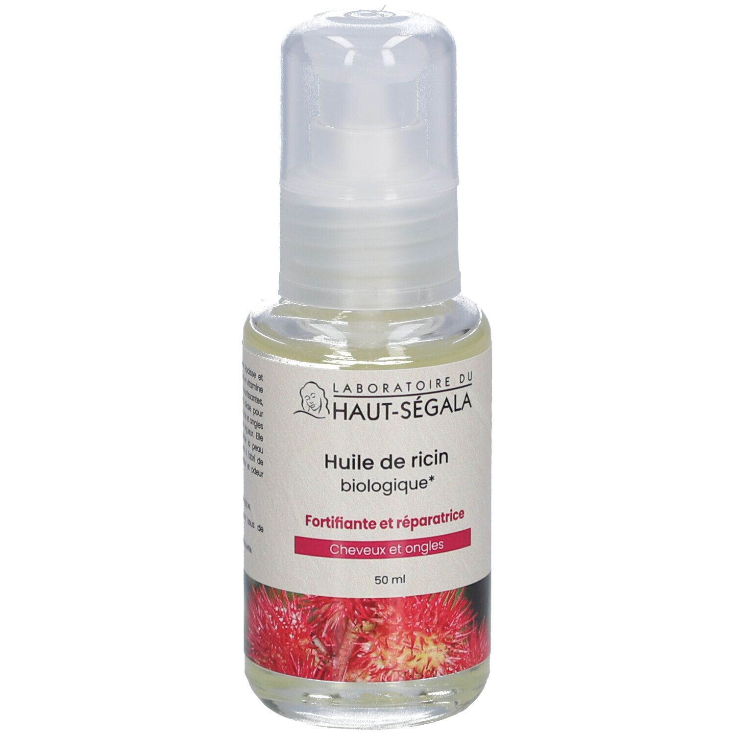 Flasche mit Öl und Sprühkopf. Aufschrift: Huile de ricin biologique, Fortifiante et réparatrice, 50 ml. Bio-Zertifizierung.