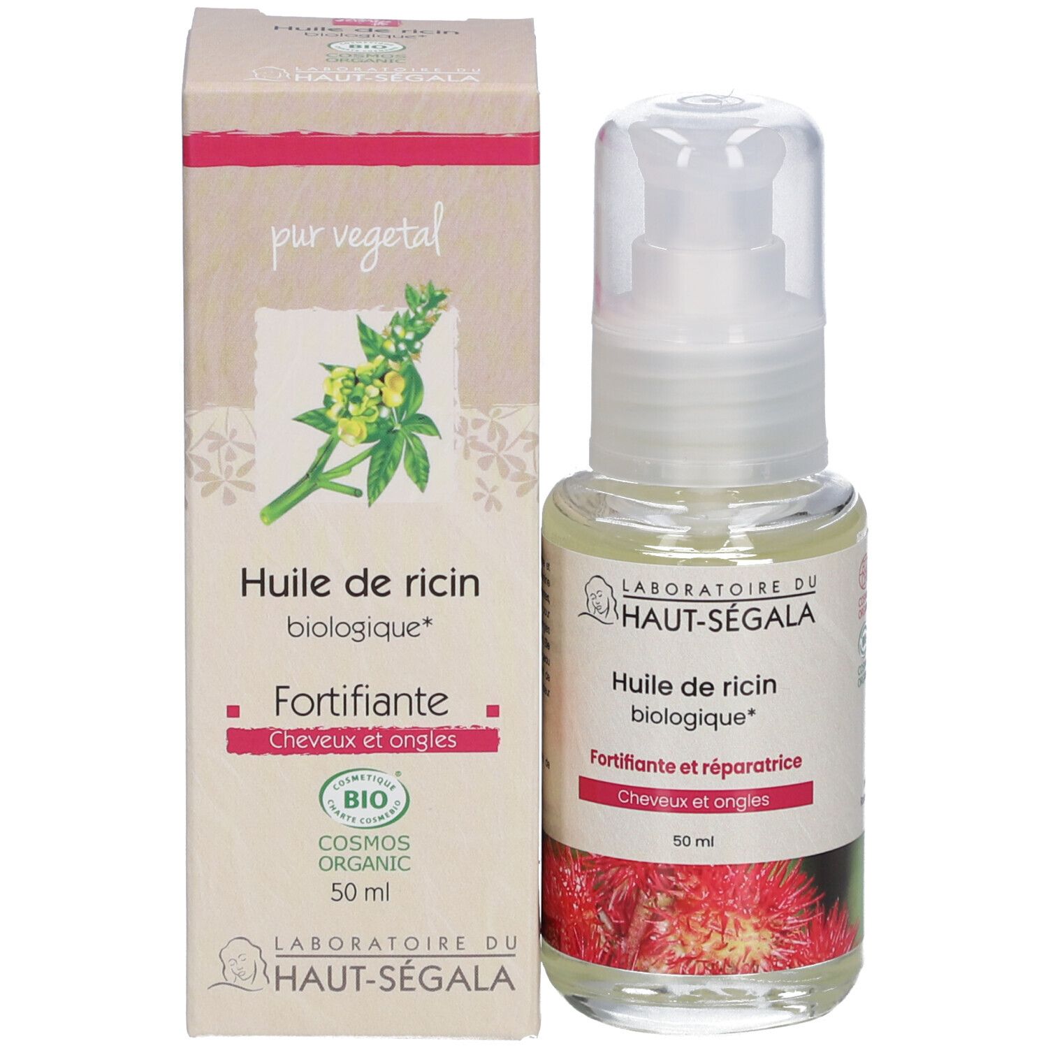 Flasche und Karton mit Öl. Aufschrift: Huile de ricin biologique, Fortifiante, 50 ml. Bio-Zertifizierung.