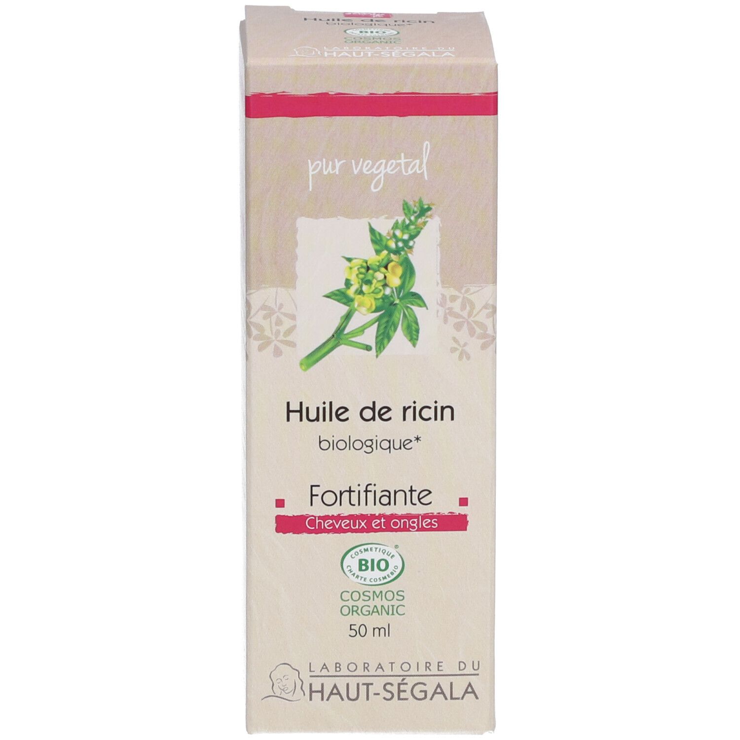 Karton mit Öl. Aufschrift: Huile de ricin biologique, Fortifiante, 50 ml. Bio-Zertifizierung.