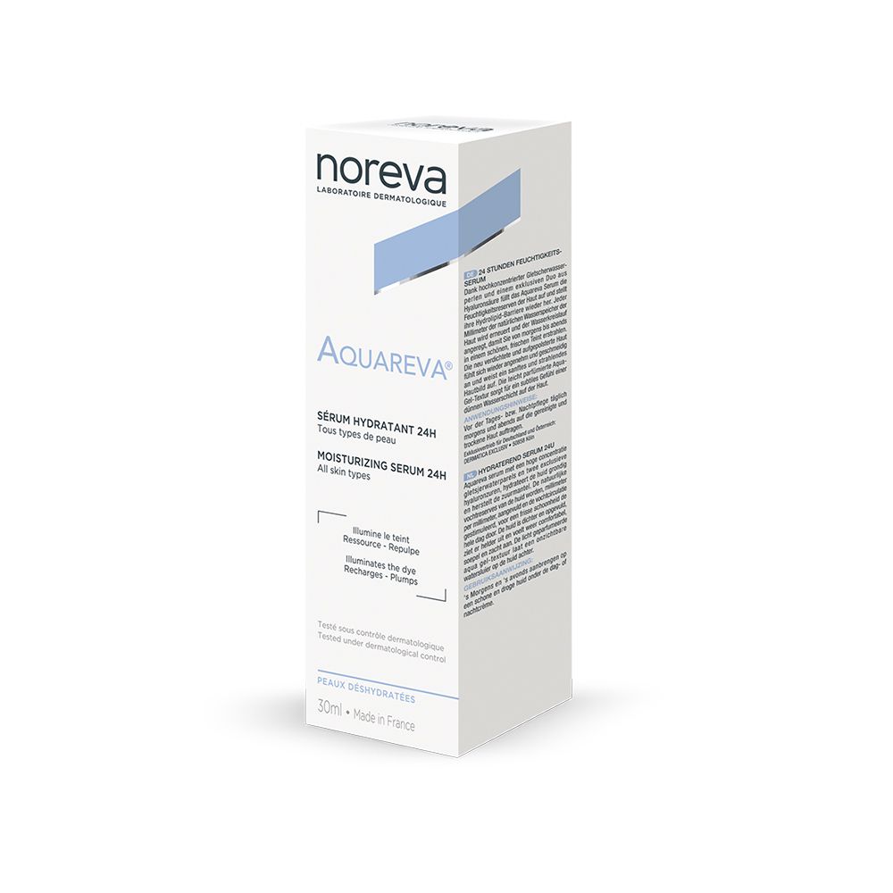 Emballage Noreva AQUAREVA®. Boîte blanche avec nom et description du produit. Texte en allemand, français, italien et néerlandais.