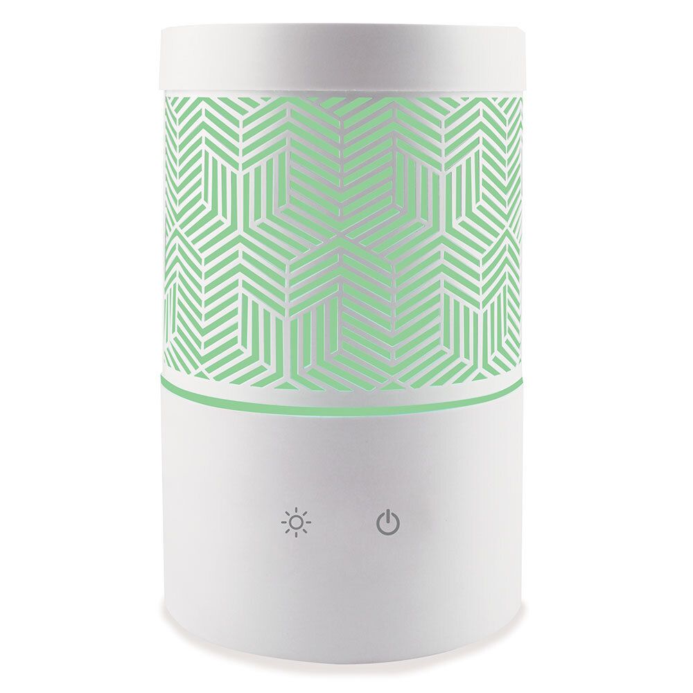 Diffuseur cylindrique blanc avec motif géométrique vert. Symboles de lumière et d'alimentation.