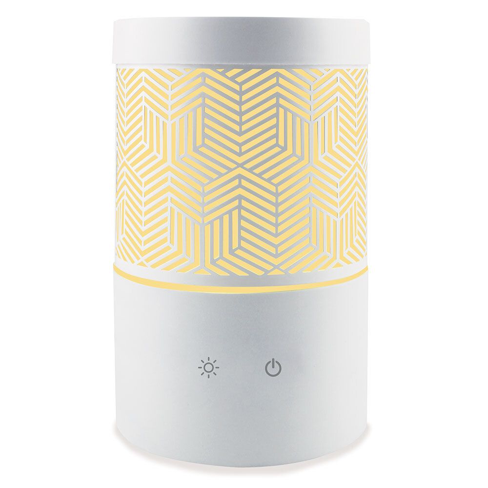 Diffuseur cylindrique blanc avec motif géométrique jaune. Symboles de lumière et d'alimentation.