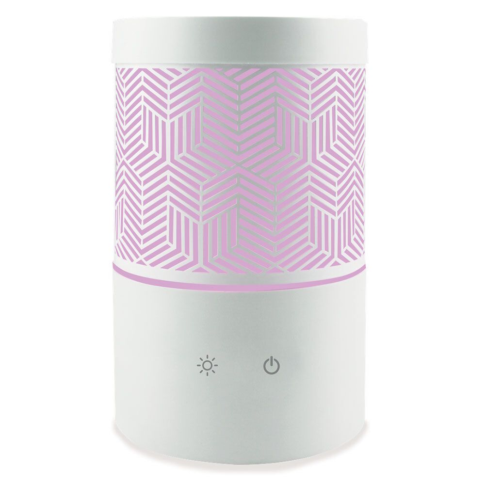 Diffuseur cylindrique blanc avec motif géométrique rose. Symboles de lumière et d'alimentation.