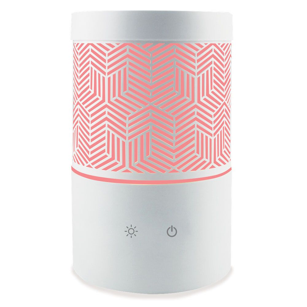 Diffuseur cylindrique blanc avec motif géométrique rouge. Symboles de lumière et d'alimentation.