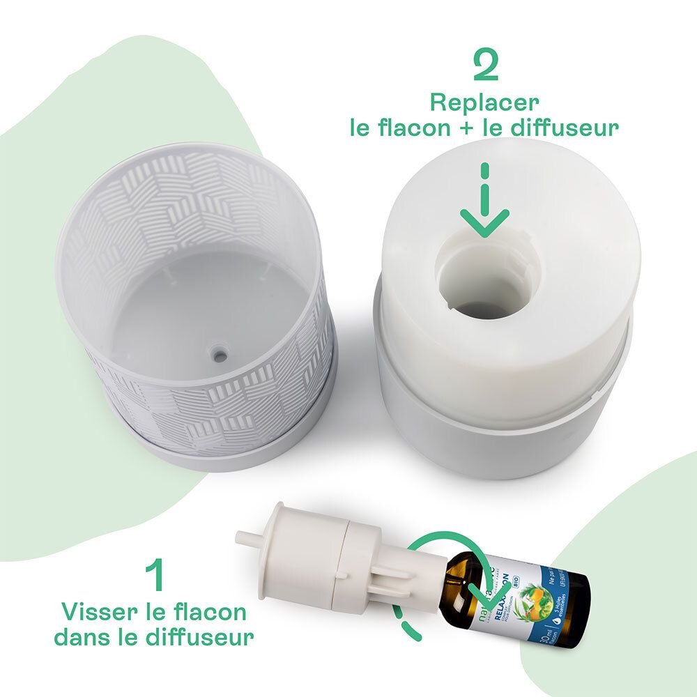 Pièces détachées d'un diffuseur. Flacon et partie supérieure du diffuseur. Le flacon se visse.