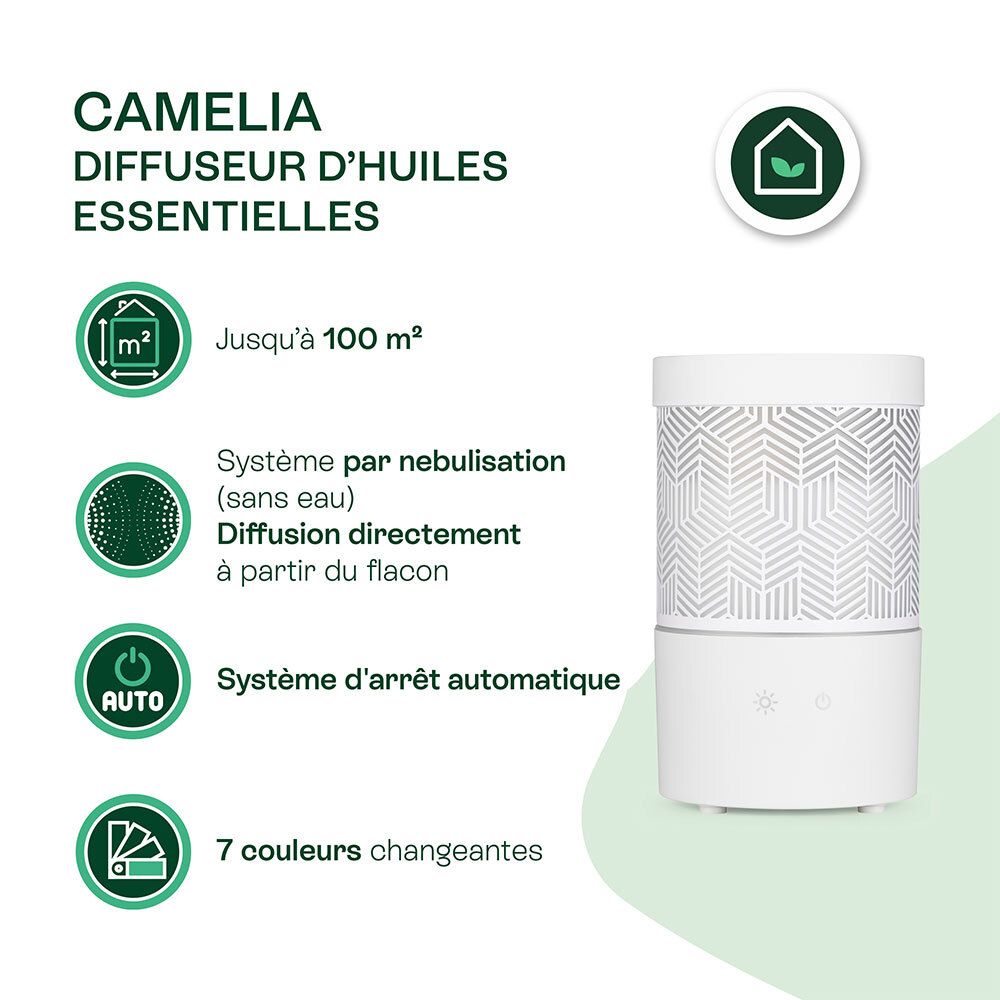 Infographie : Diffuseur CAMELIA. Système de nébulisation, jusqu'à 100 m², arrêt auto, 7 couleurs.
