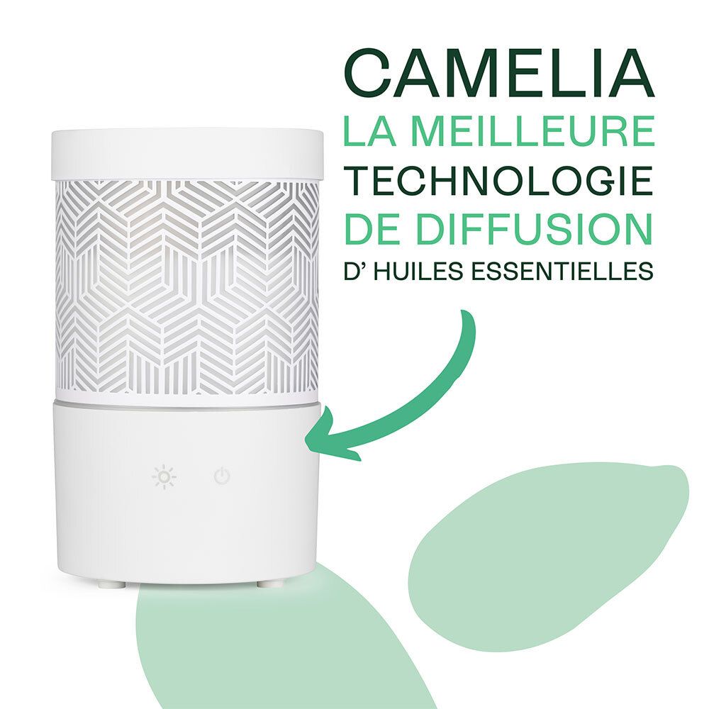 Diffuseur CAMELIA. Blanc, cylindrique, motif géométrique. Symboles d'alimentation et de lumière.