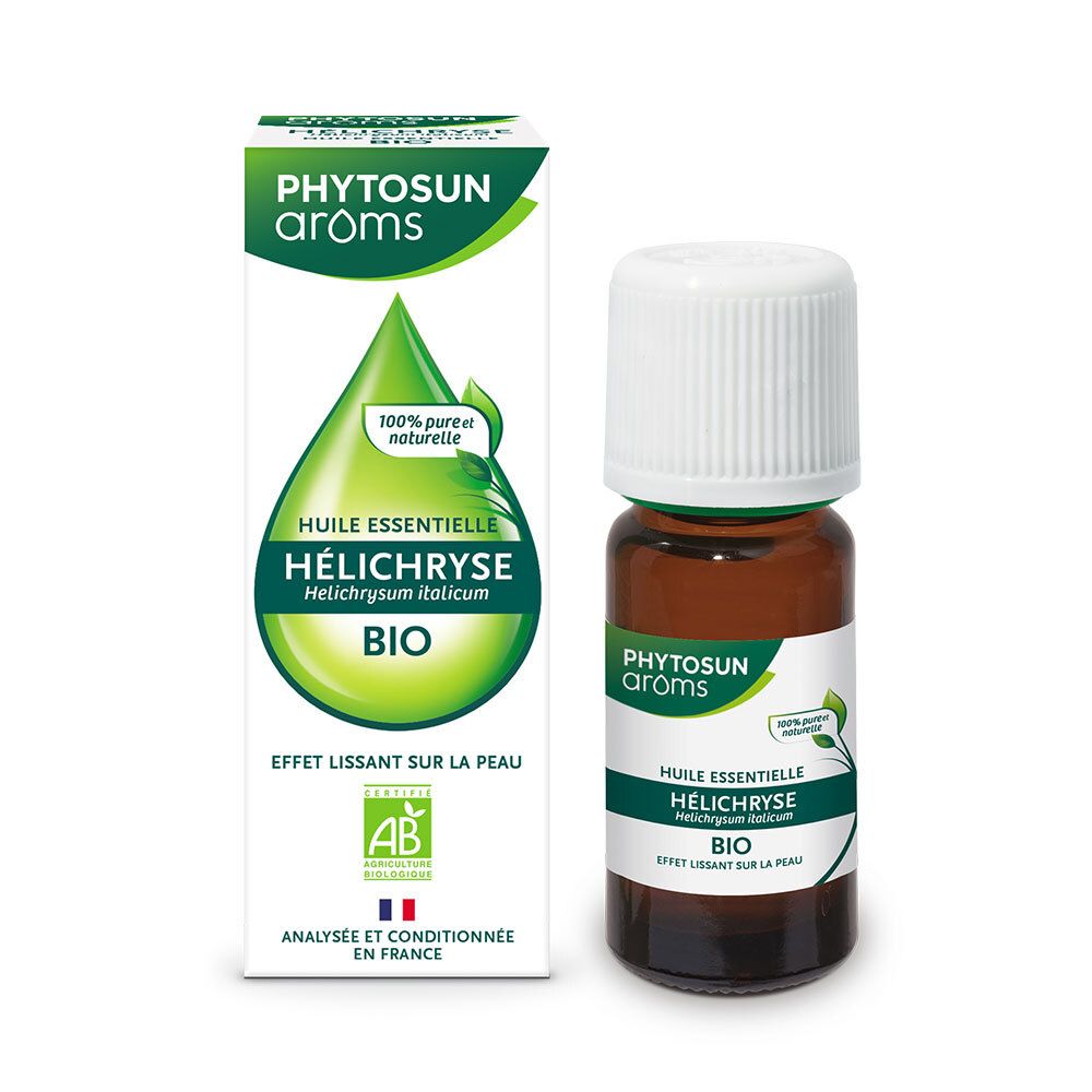 Produktverpackung mit Text: PHYTOSUN arôms, HÉLICHRYSE, BIO. Flasche und Schachtel stehen nebeneinander.