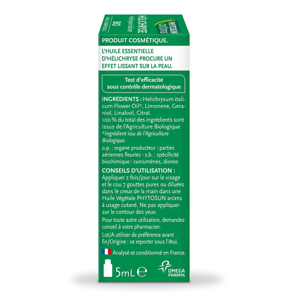 Text auf der Verpackung: Produkt, Inhaltsstoffe, Anwendungshinweise, 5ml. Logo Omega Pharma France.