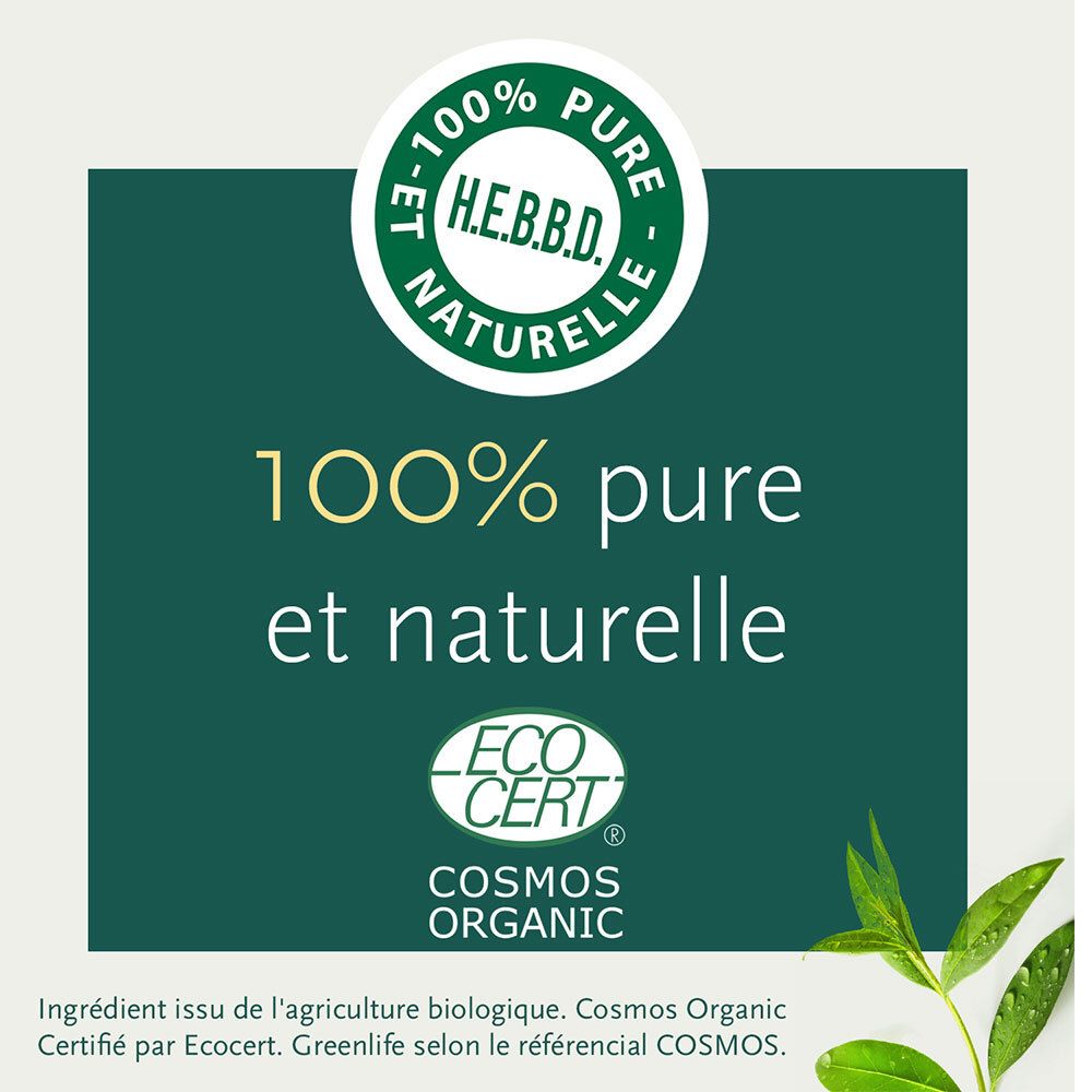 Text: 100% rein und natürlich. Logos: HEBBD, ECOCERT COSMOS ORGANIC. Grüner Hintergrund.