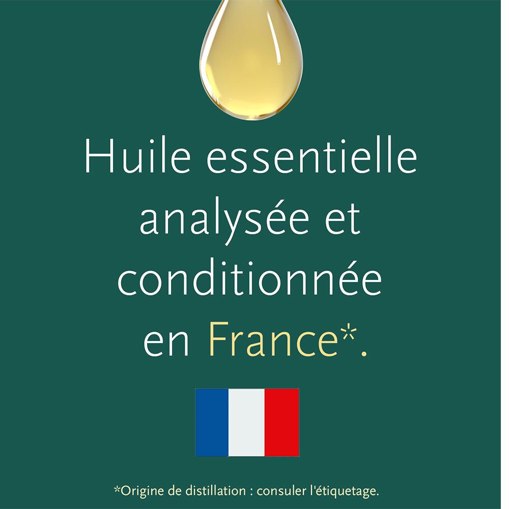Text: Ätherisches Öl analysiert und in Frankreich konditioniert. Französische Flagge.
