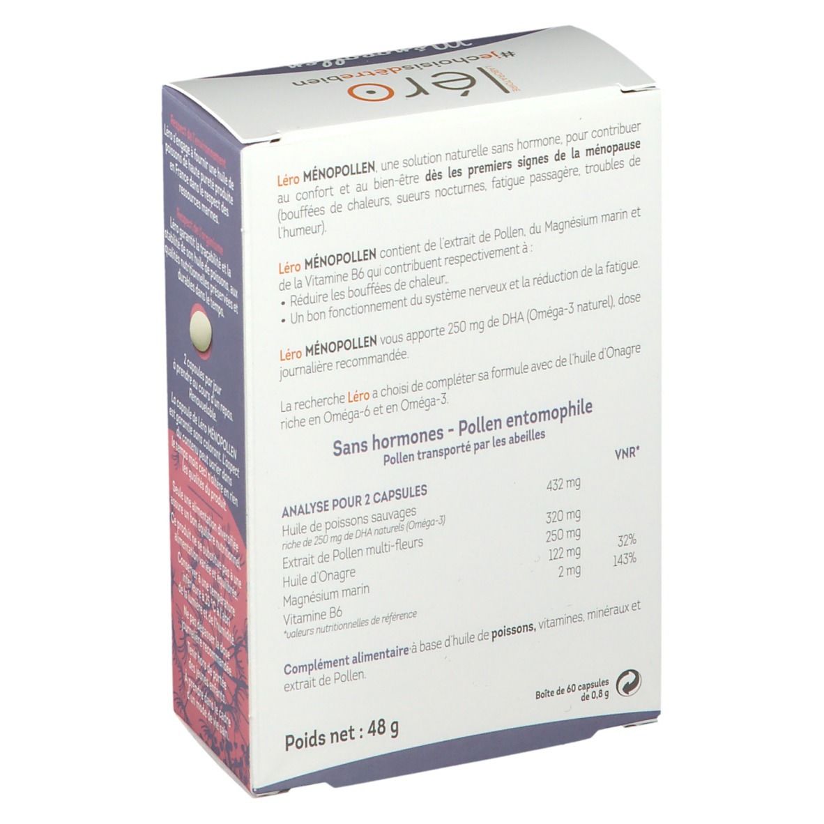 Dos de la boîte Léro Ménopollen. Contient des informations sur les ingrédients et les valeurs nutritionnelles. 48 g.