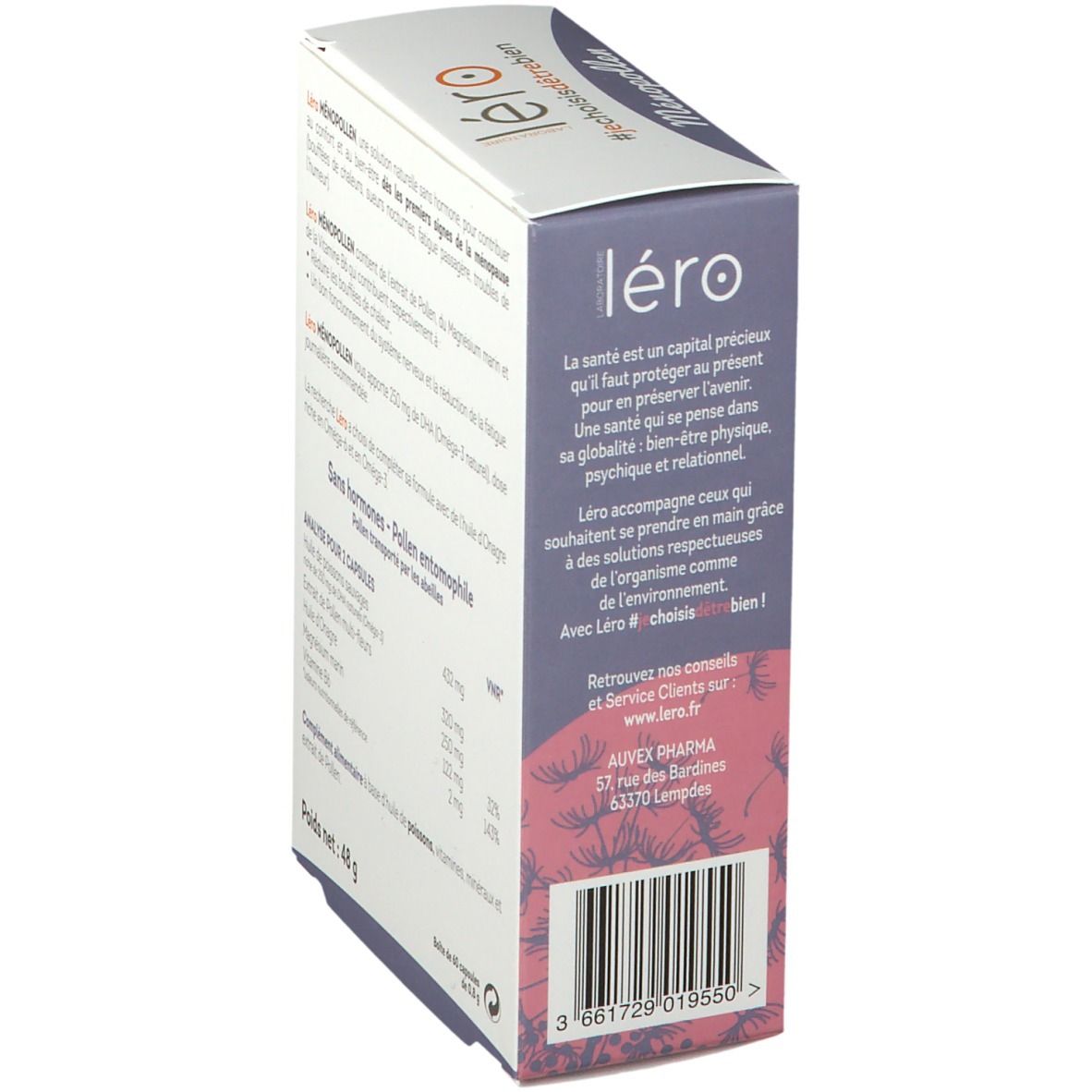 Côté de la boîte Léro Ménopollen. Texte sur la santé et le produit. Code-barres en bas.