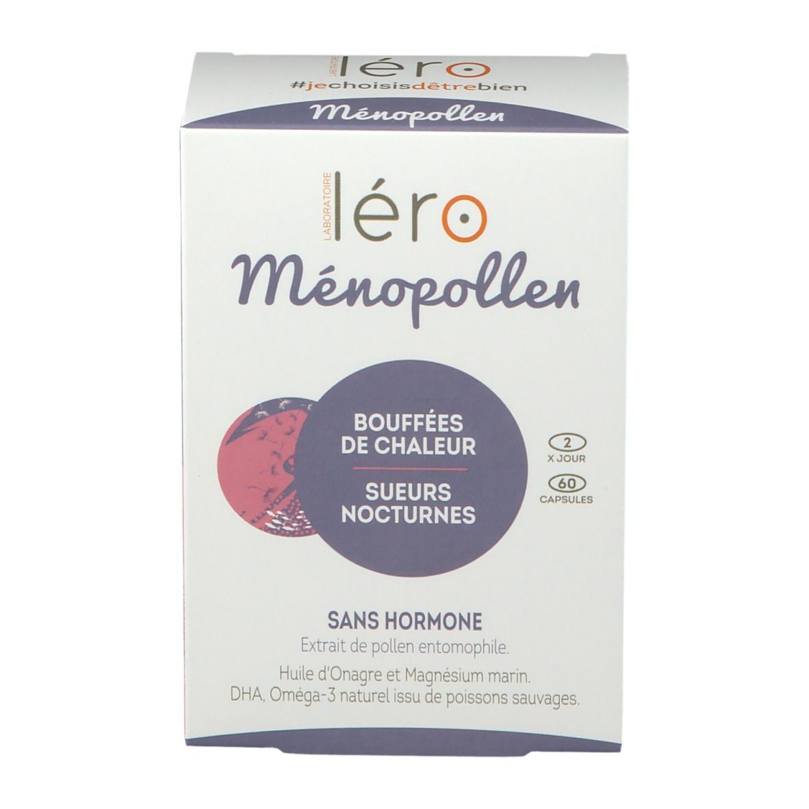 Face avant de la boîte Léro Ménopollen. Inscription : Bouffées de chaleur, sueurs nocturnes, sans hormone. 60 capsules.