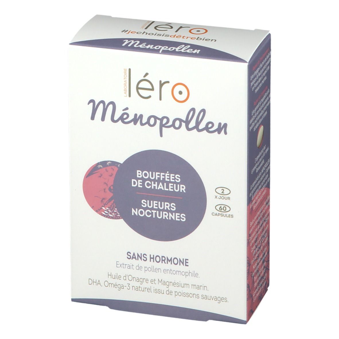 Boîte Léro Ménopollen. Inscription : Bouffées de chaleur, sueurs nocturnes, sans hormone. 60 capsules.