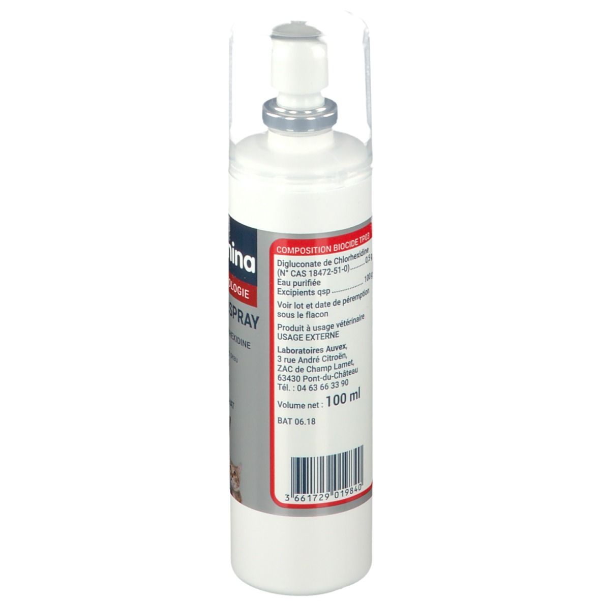 Dos du flacon de spray. Inscription: Biocanina, Biocanispray, ingrédients, 100 ml, numéro de lot et code-barres.