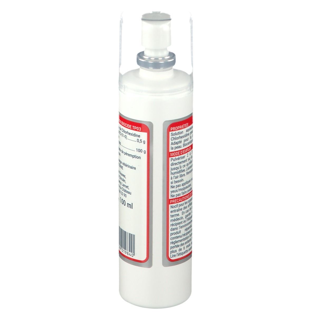 Dos du flacon de spray. Inscription: Biocanina, Biocanispray, ingrédients, 100 ml, numéro de lot et code-barres.