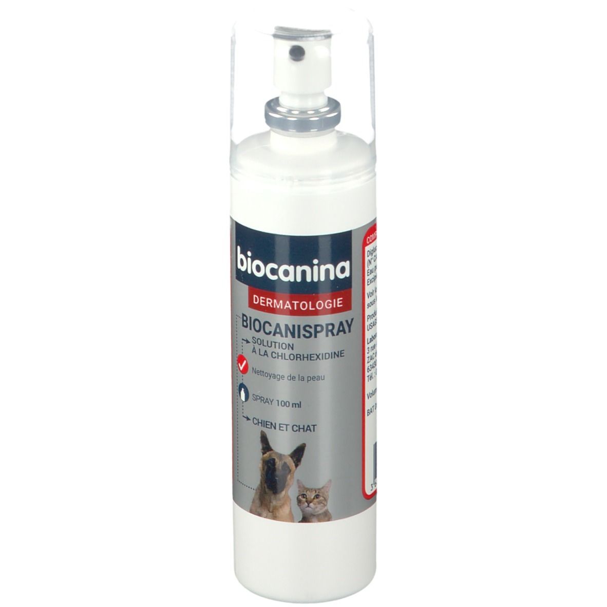 Spray blanc avec tête de pulvérisation. Inscription: Biocanina, Dermatologie, Biocanispray, 100 ml, pour chiens et chats.