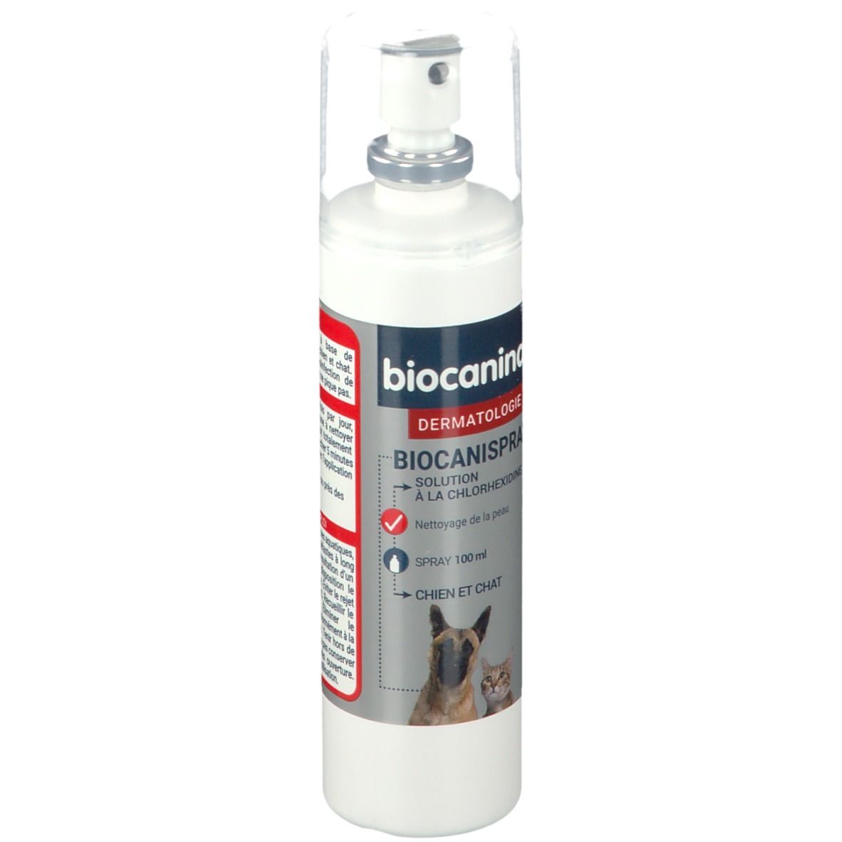 Spray blanc avec tête de pulvérisation. Inscription: Biocanina, Dermatologie, Biocanispray, 100 ml, pour chiens et chats.