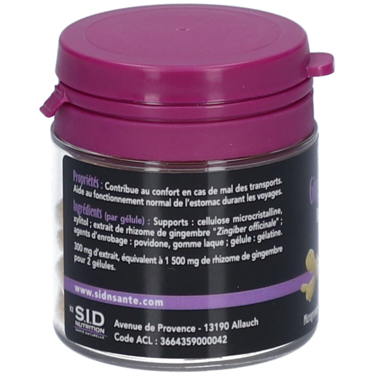 Pot GINGEMBRE SIDN GELULE. Pot transparent, couvercle violet. Texte: Ingrédients, SID Nutrition, adresse.