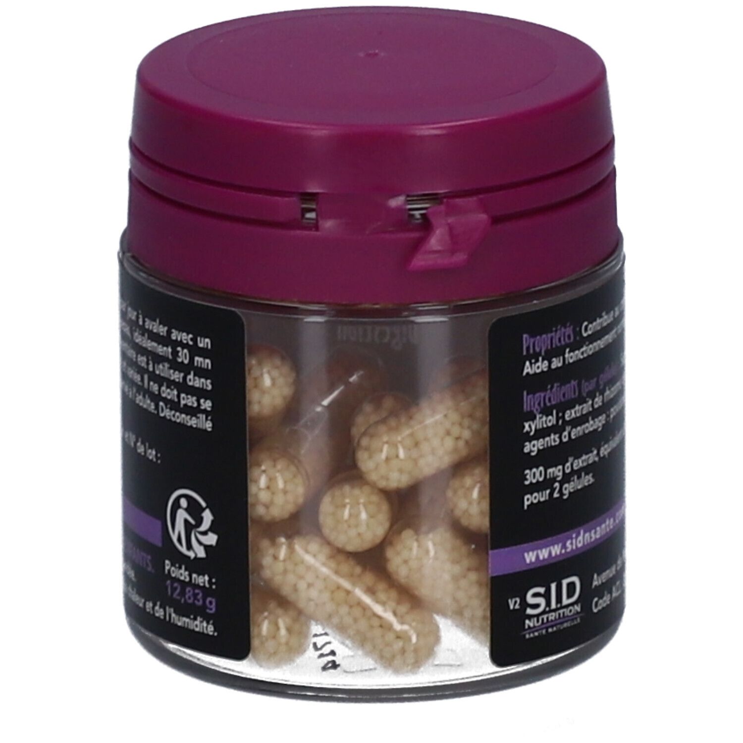 Pot GINGEMBRE SIDN GELULE. Pot transparent, couvercle violet. Gélules visibles. Texte: Poids net, SID Nutrition.