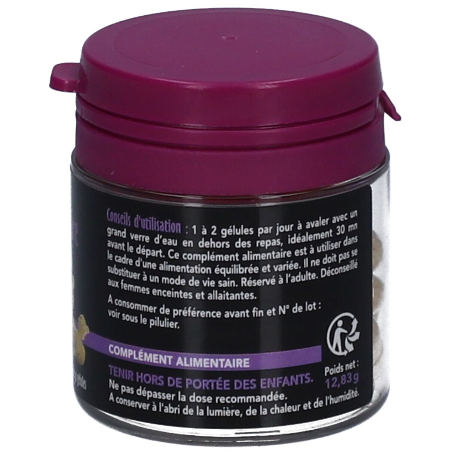 Pot GINGEMBRE SIDN GELULE. Pot transparent, couvercle violet. Texte: Conseils d'utilisation, poids net, SID Nutrition.