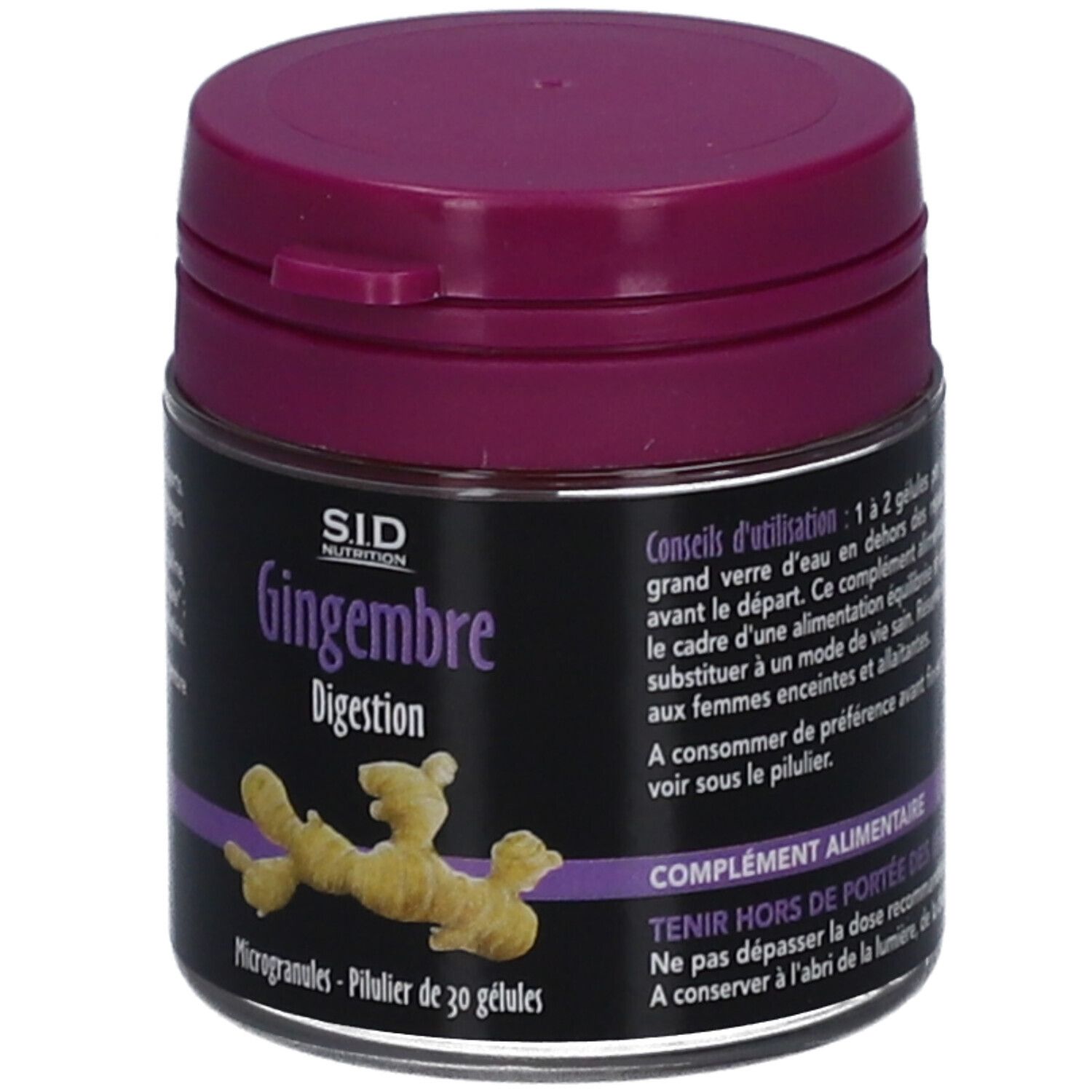 Pot GINGEMBRE SIDN GELULE. Étiquette noire, couvercle violet. Texte: GINGEMBRE Digestion, illustration gingembre, SID Nutrition.