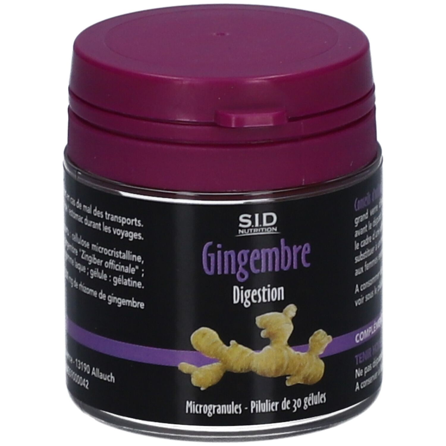 Pot GINGEMBRE SIDN GELULE. Étiquette noire, couvercle violet. Texte: GINGEMBRE Digestion, illustration gingembre, SID Nutrition.