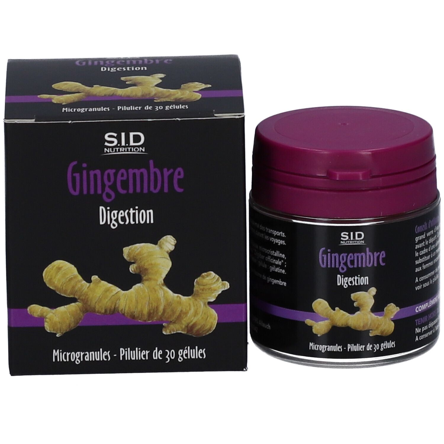 Pot et boîte GINGEMBRE SIDN GELULE. Boîte noire, couvercle violet. Texte: GINGEMBRE Digestion, illustration gingembre.