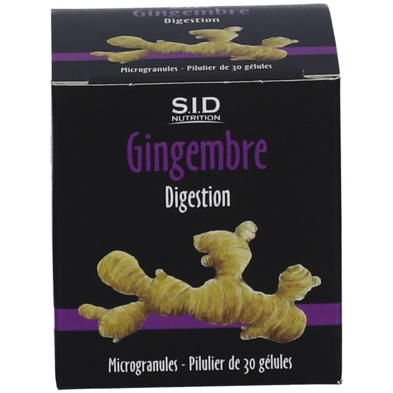 Boîte GINGEMBRE SIDN GELULE. Boîte noire, accent violet. Texte: GINGEMBRE Digestion, illustration gingembre, SID Nutrition.