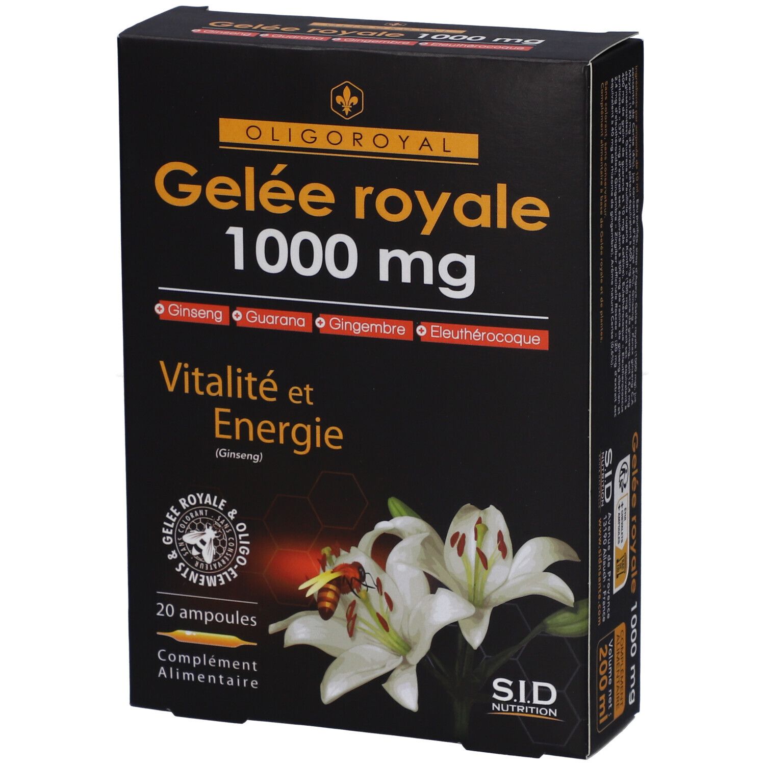 Boîte noire "Gelée royale 1000 mg". Contient 20 ampoules. Inscription "Vitalité et Energie". Illustration de fleurs et d'abeilles.