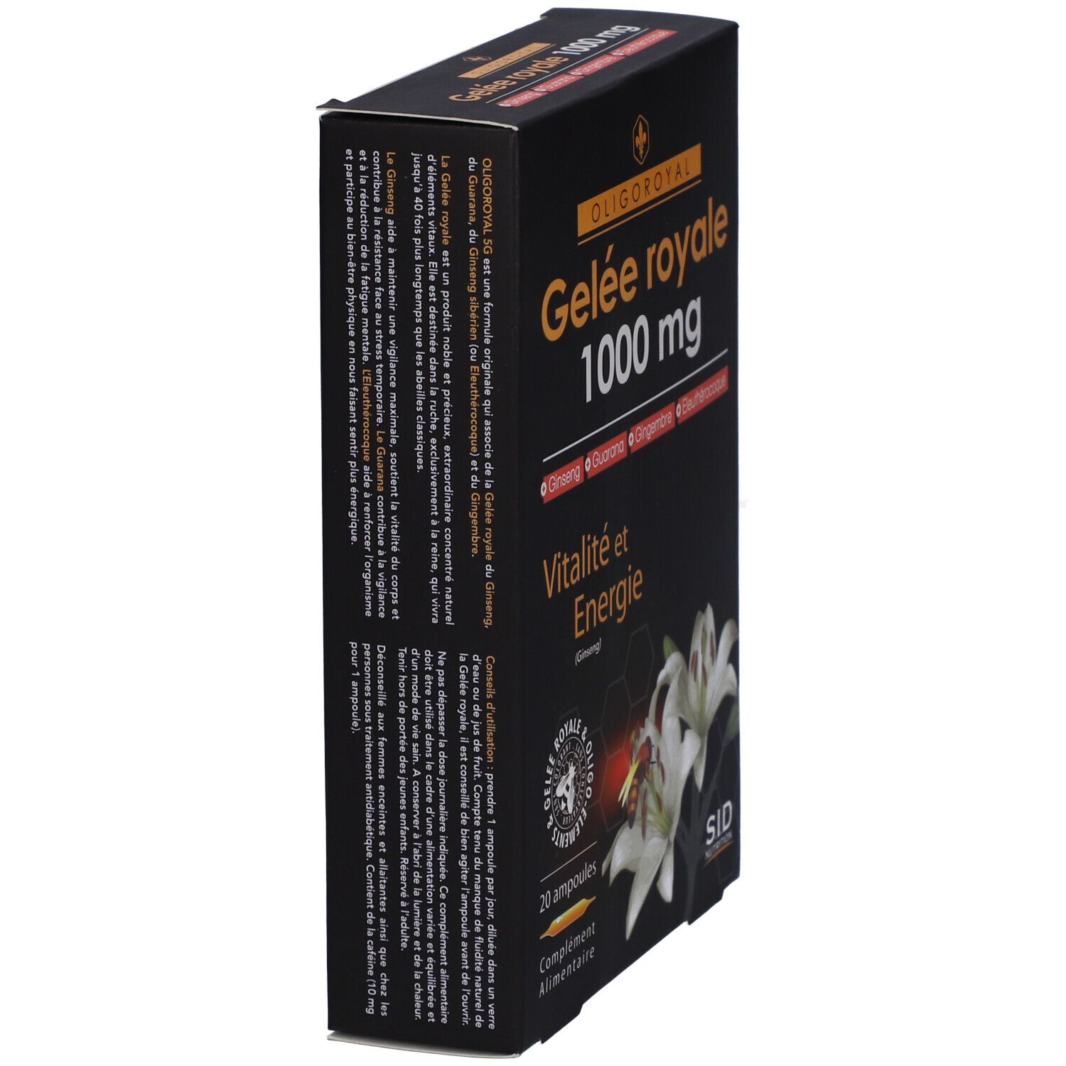 Boîte noire en biais. Inscription "Gelée royale 1000 mg". Contient 20 ampoules. Illustration de fleurs et d'abeilles.