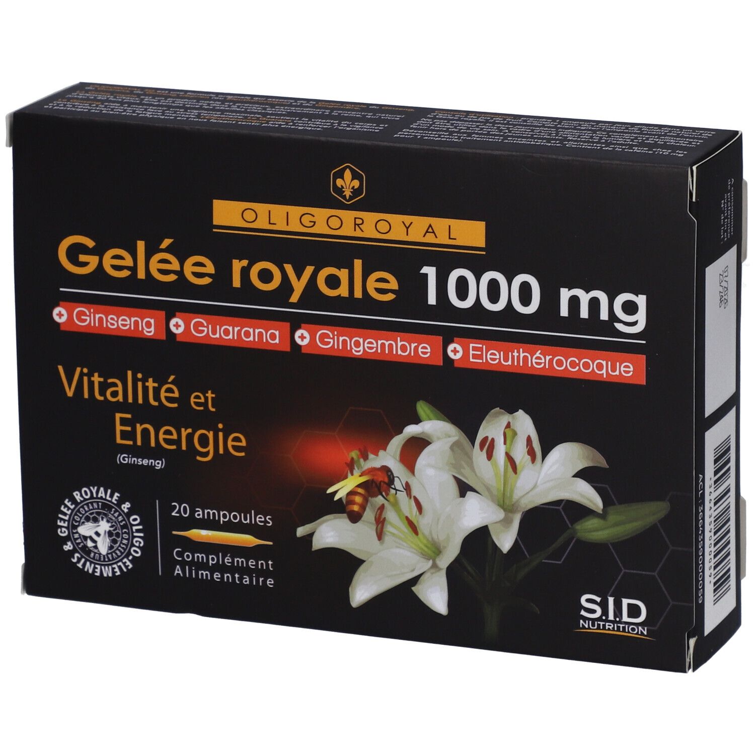 Boîte noire "Gelée royale 1000 mg". Contient 20 ampoules. Inscription "Vitalité et Energie". Illustration de fleurs et d'abeilles.