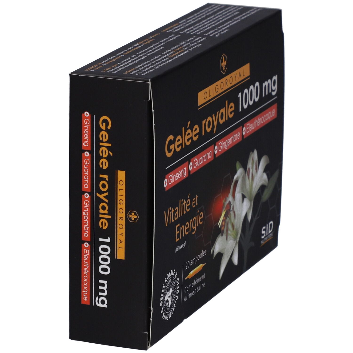 Boîte noire en biais. Inscription "Gelée royale 1000 mg". Contient 20 ampoules. Illustration de fleurs et d'abeilles.