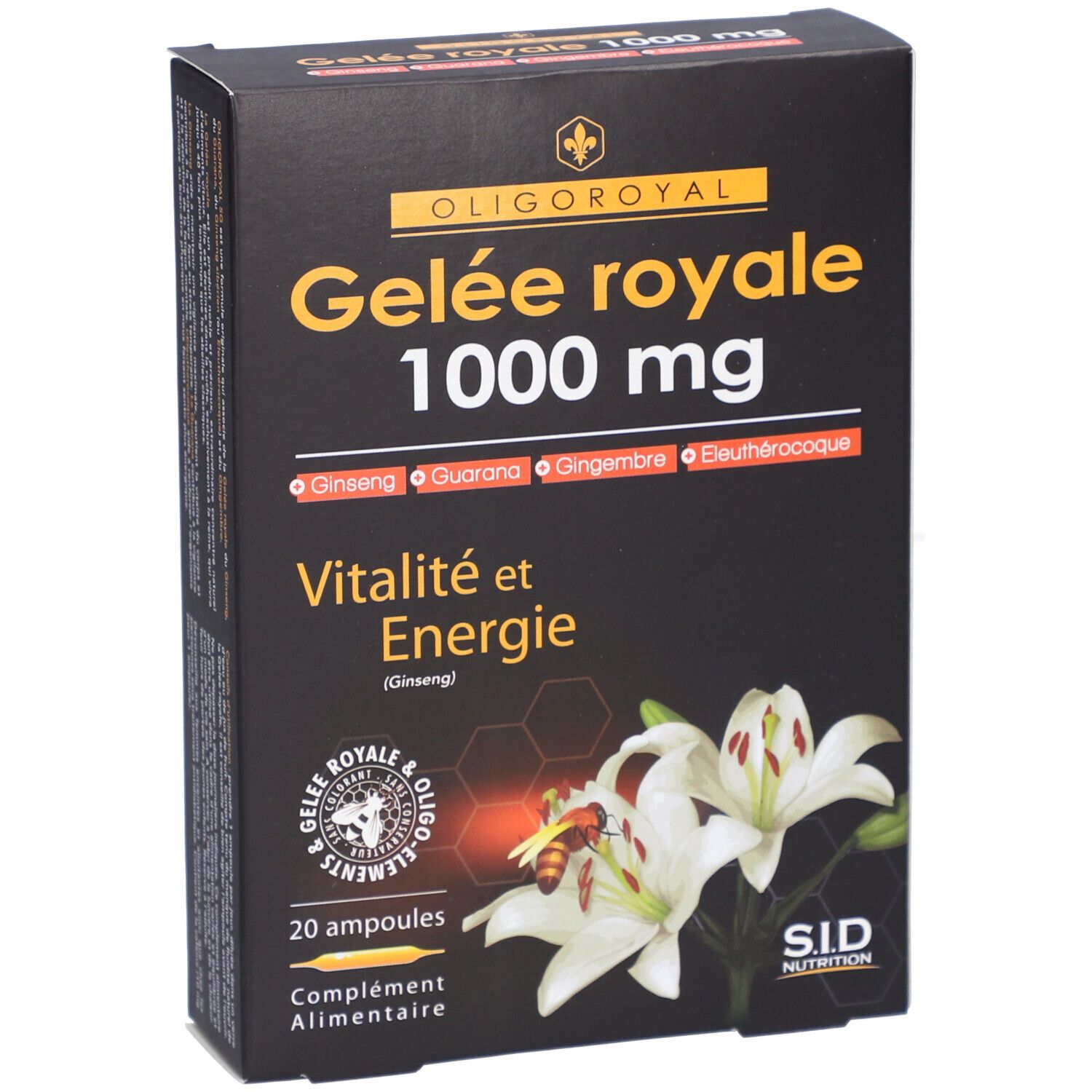 Boîte noire "Gelée royale 1000 mg". Contient 20 ampoules. Inscription "Vitalité et Energie". Illustration de fleurs et d'abeilles.