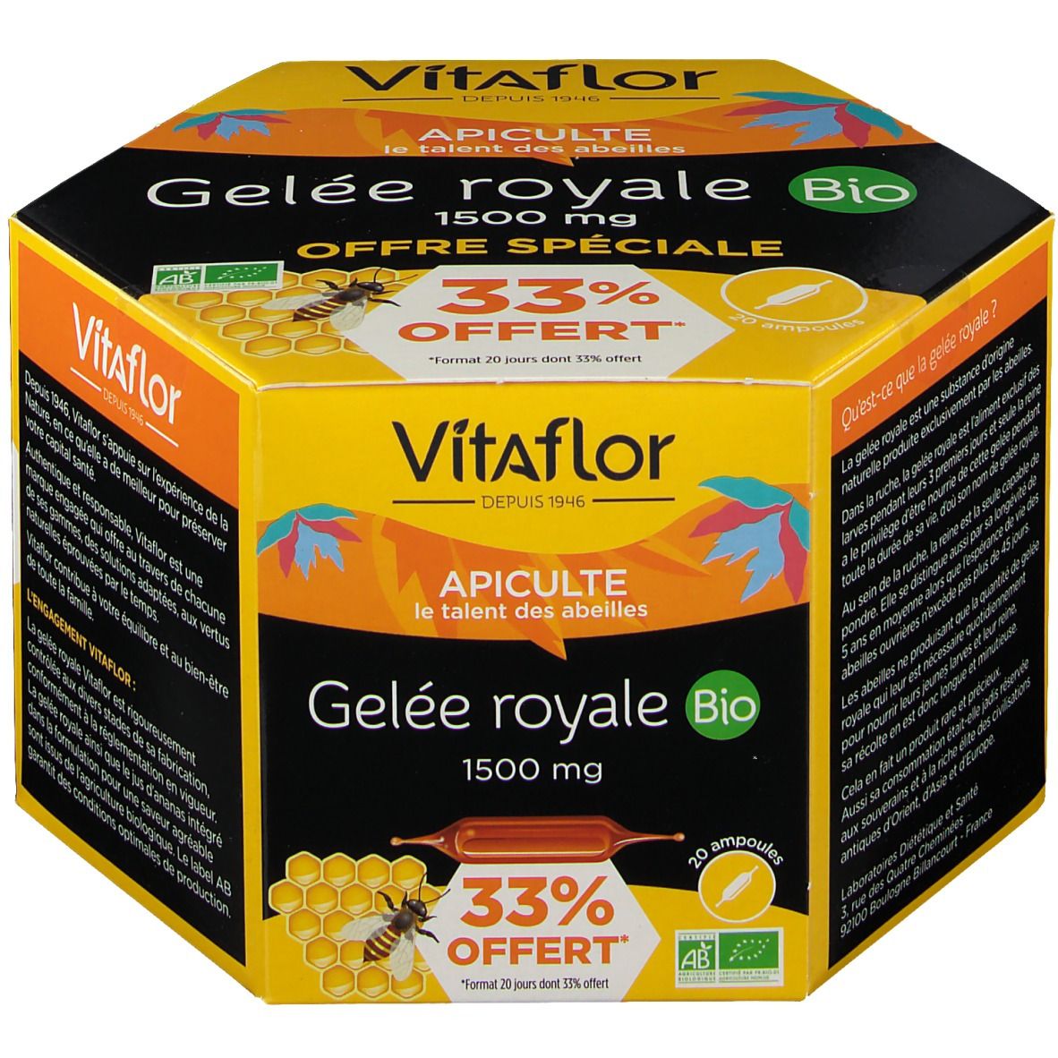 Boîte VitaflorBIO Gelée royale 1500 mg. Contient 20 ampoules. Inscriptions : 33% offert, logo bio, illustration d'abeille et de rayon de miel.