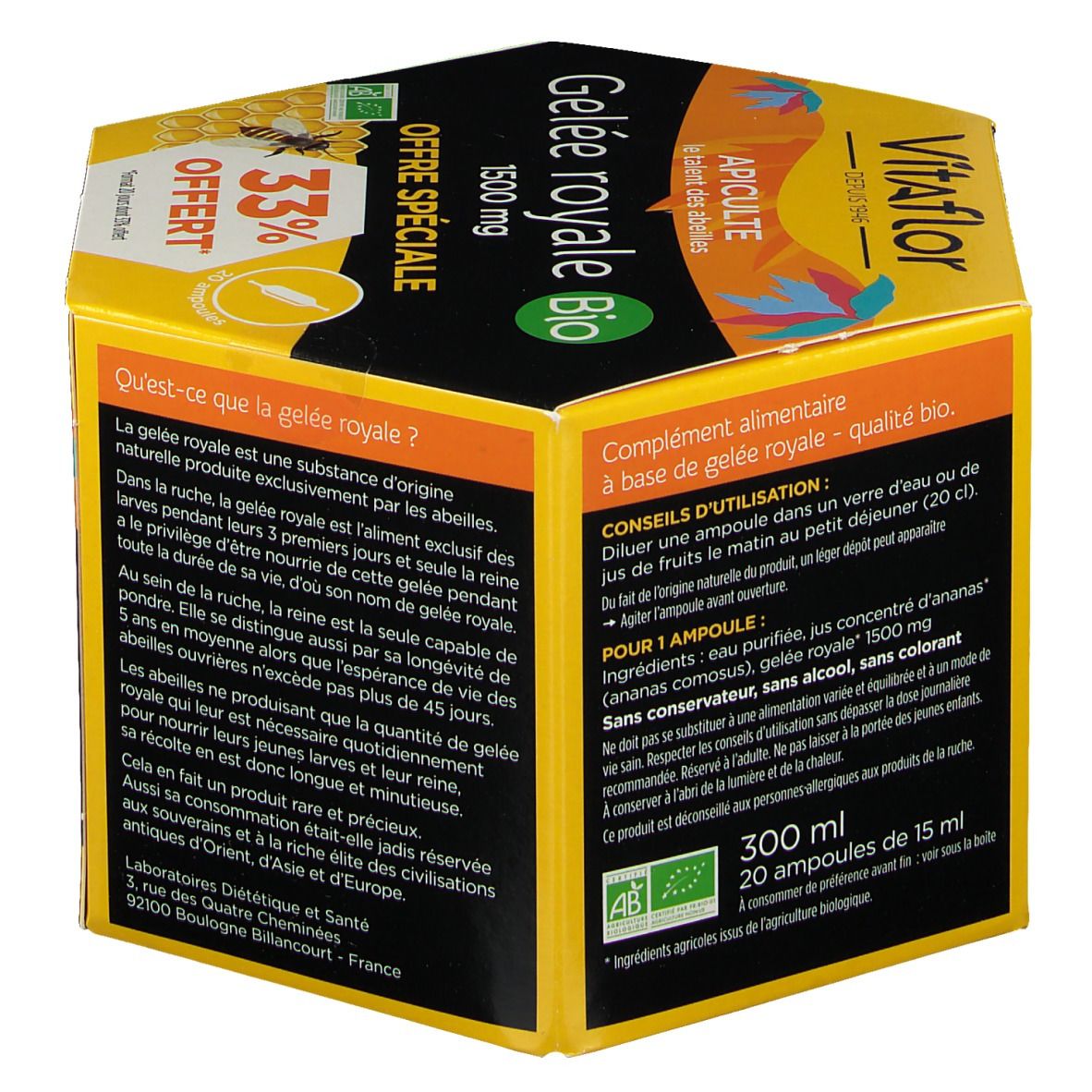Dos de la boîte VitaflorBIO Gelée royale 1500 mg. Texte sur la gelée royale, conseils d'utilisation, ingrédients et logo bio.