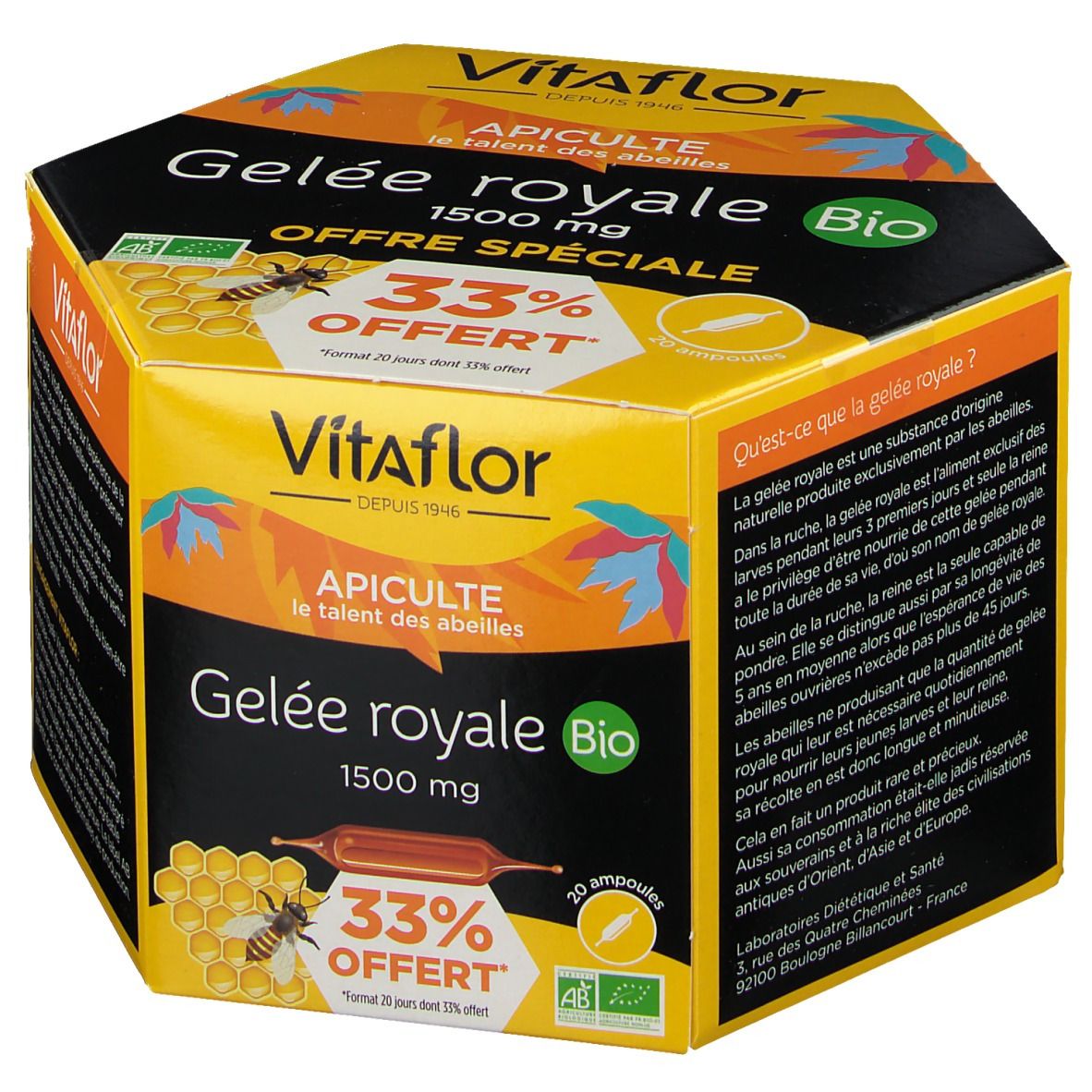 Boîte VitaflorBIO Gelée royale 1500 mg. Contient 20 ampoules. Inscriptions : 33% offert, logo bio, illustration d'abeille et de rayon de miel.