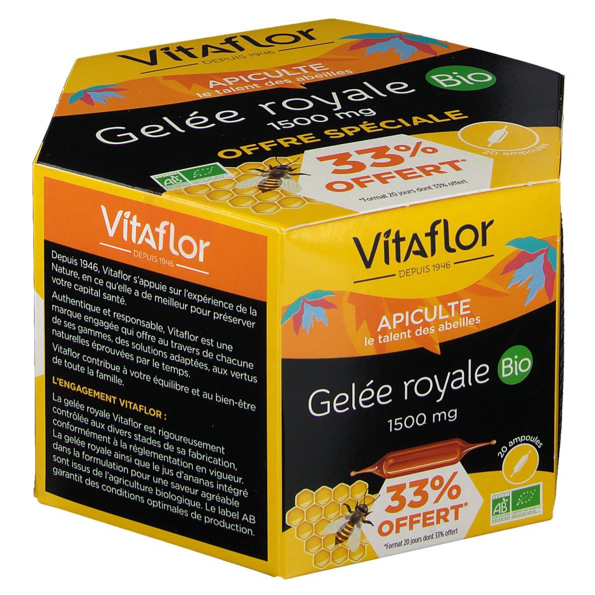 Boîte VitaflorBIO Gelée royale 1500 mg. Contient 20 ampoules. Inscriptions : 33% offert, logo bio, illustration d'abeille et de rayon de miel.