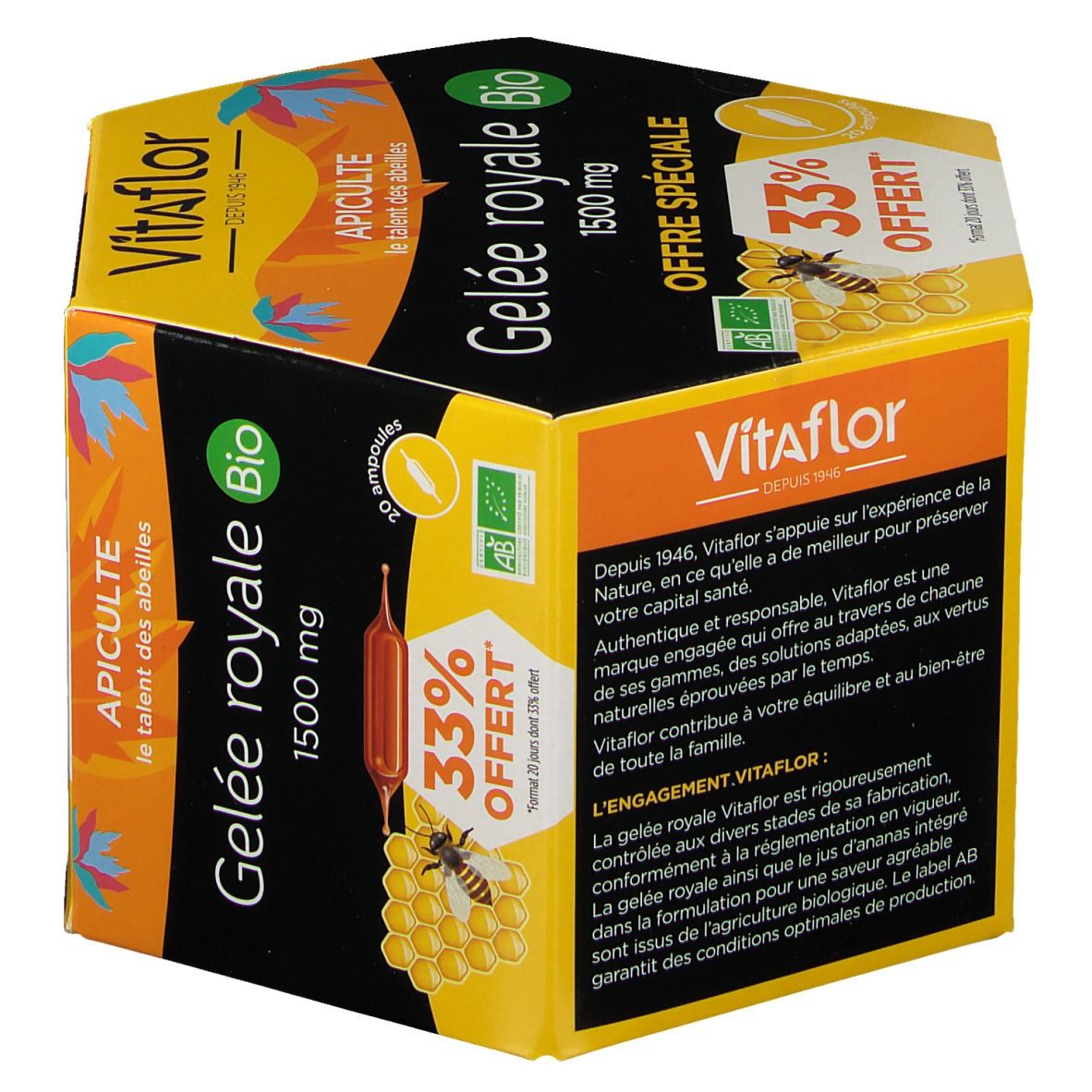 Boîte VitaflorBIO Gelée royale 1500 mg. Contient 20 ampoules. Inscriptions : 33% offert, logo bio, illustration d'abeille et de rayon de miel.