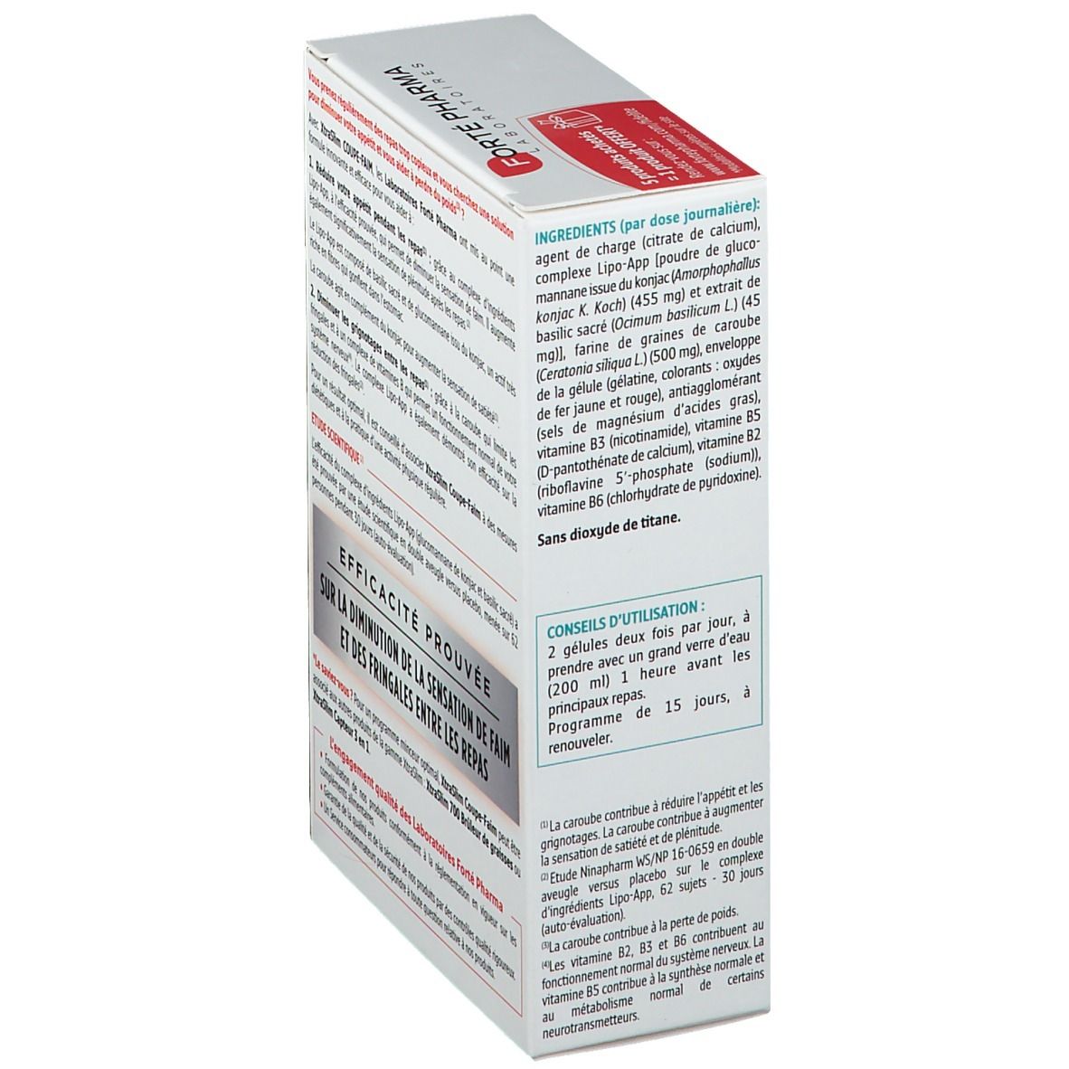 Boîte Forté Pharma XtraSlim Coupe-Faim Xtra Fort. Contient des informations sur les ingrédients et l'utilisation.