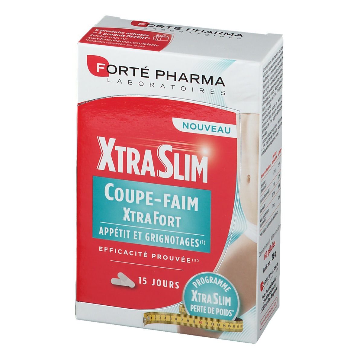 Boîte Forté Pharma XtraSlim Coupe-Faim Xtra Fort. Boîte rouge et blanche avec nom et logo du produit.