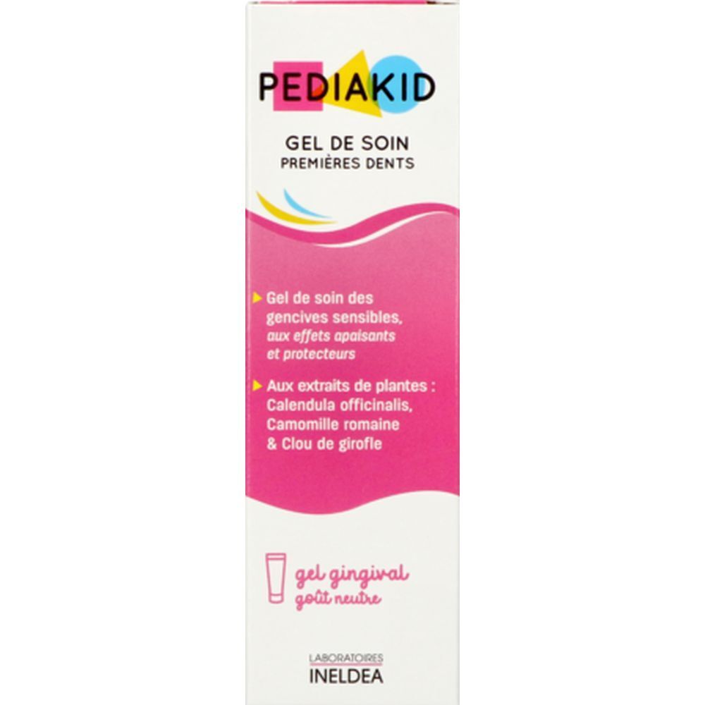 Boîte PEDIAKID Gel de soin Premières Dents. Rose, blanc et jaune. Texte: Gel de soin, ingrédients.