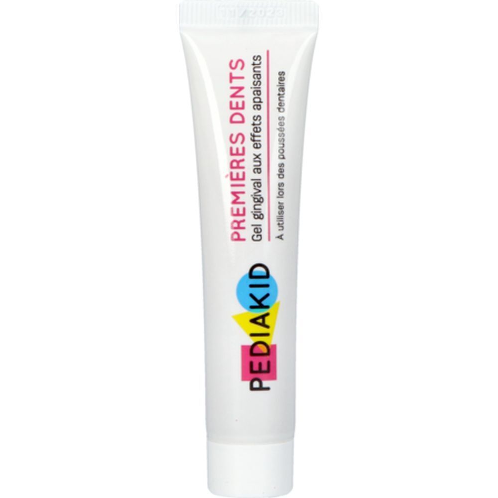 Tube PEDIAKID Gel de soin Premières Dents. Blanc. Texte: Premières Dents, Gel gingival. Marque PEDIAKID.