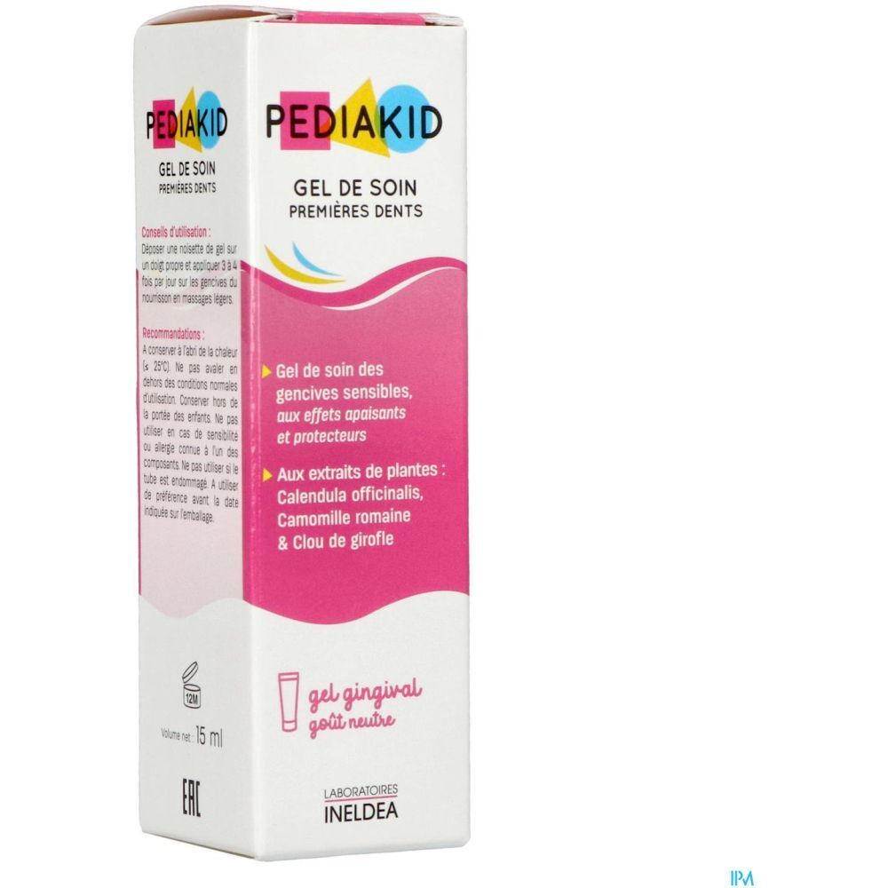 Boîte PEDIAKID Gel de soin Premières Dents. Rose, blanc et jaune. Texte: Gel de soin, 15 ml.