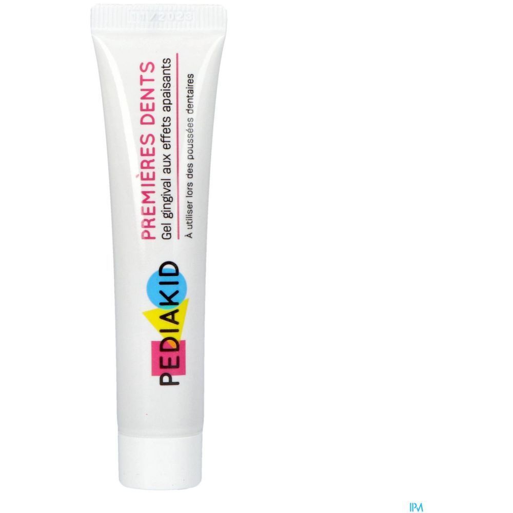 Tube PEDIAKID Gel de soin Premières Dents. Blanc. Texte: Premières Dents, Gel gingival. Marque PEDIAKID.