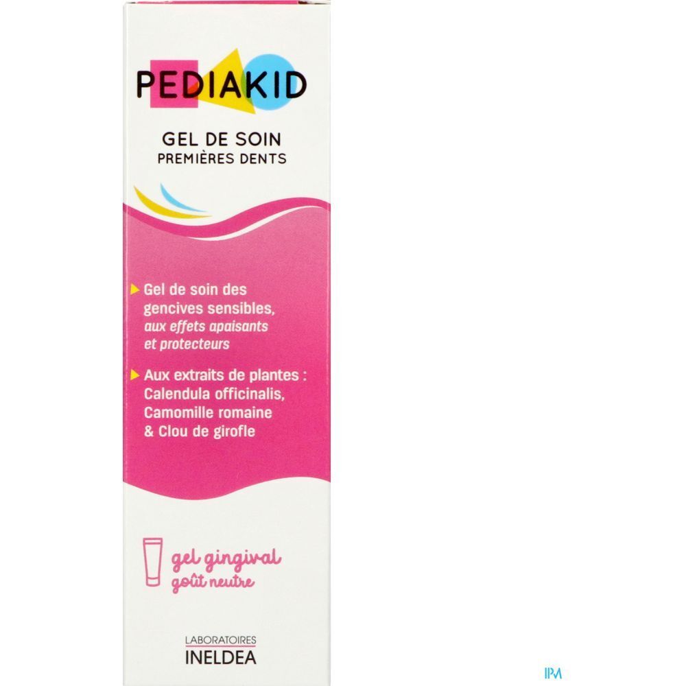 Boîte PEDIAKID Gel de soin Premières Dents. Rose, blanc et jaune. Texte: Gel de soin, ingrédients.