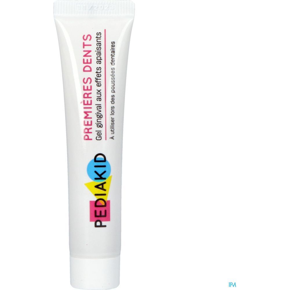 Tube PEDIAKID Gel de soin Premières Dents. Blanc. Texte: Premières Dents, Gel gingival. Marque PEDIAKID.